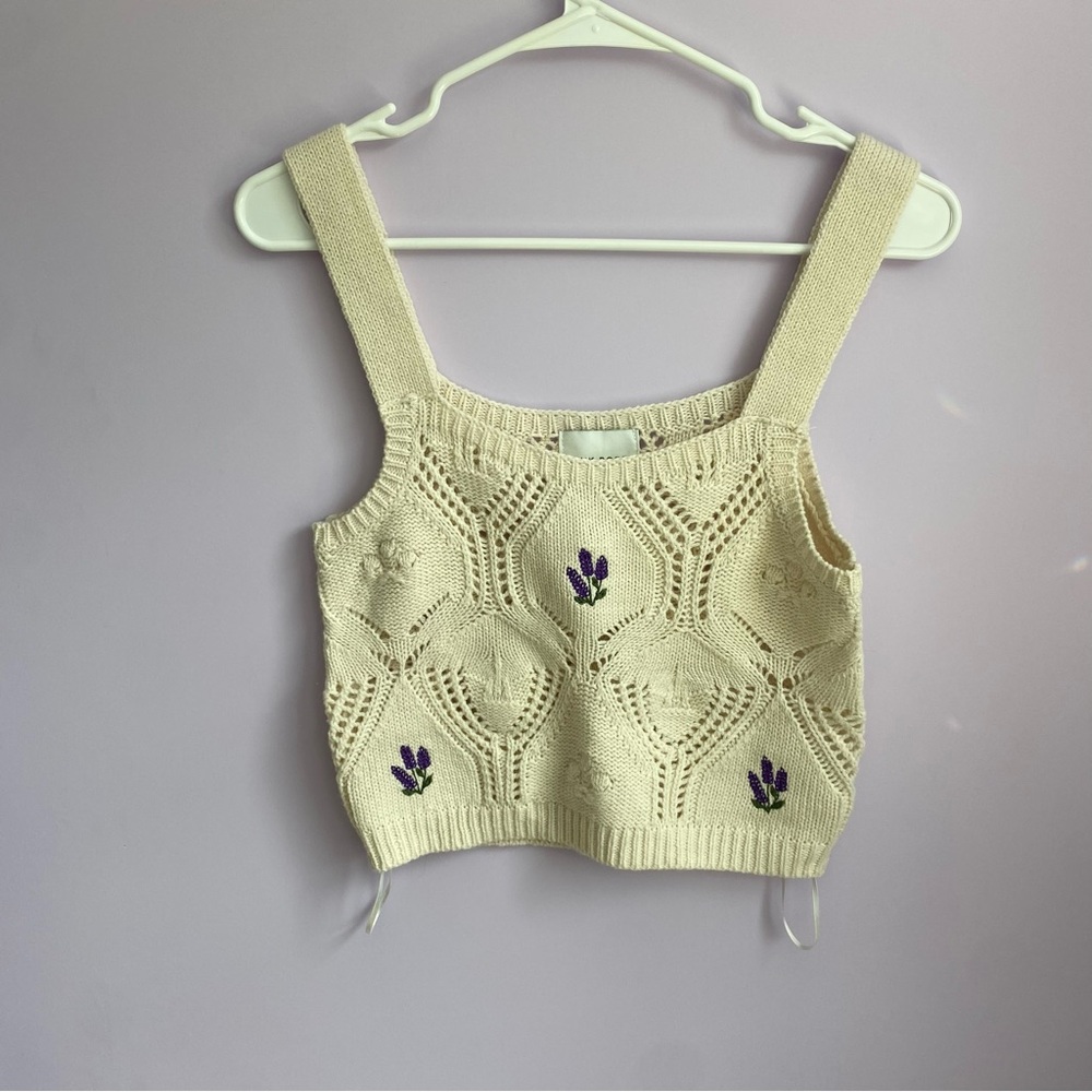 Cream Knit Tank Top with Purple Accents